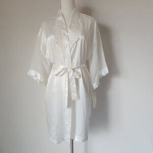 Vintage New Dentelle Lace Bead Embellished Satin Kimono Robe Belt White